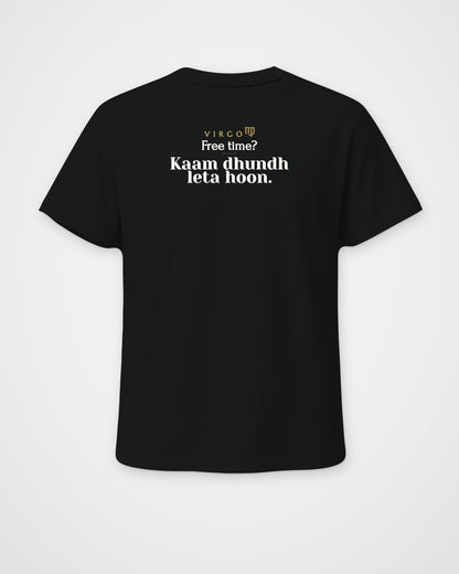Black regular fit t-shirt, full back view with one large Virgo print