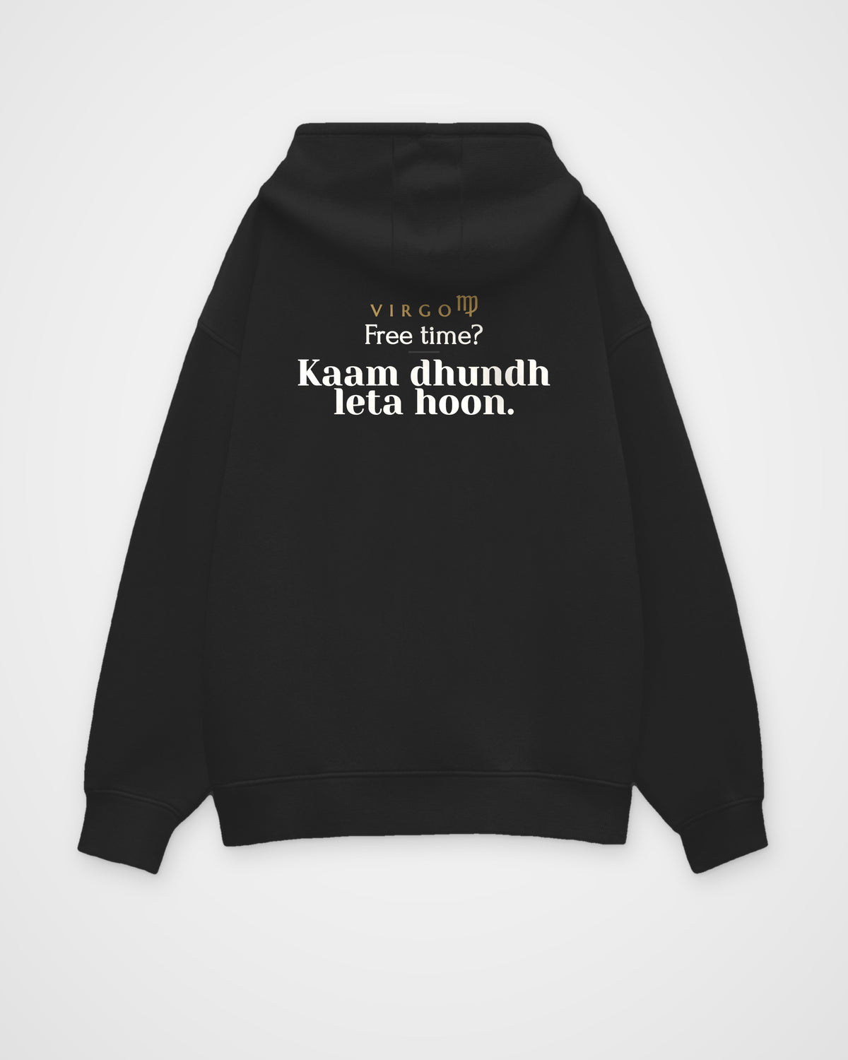 Black oversized hoodie, full back view with one large Virgo print