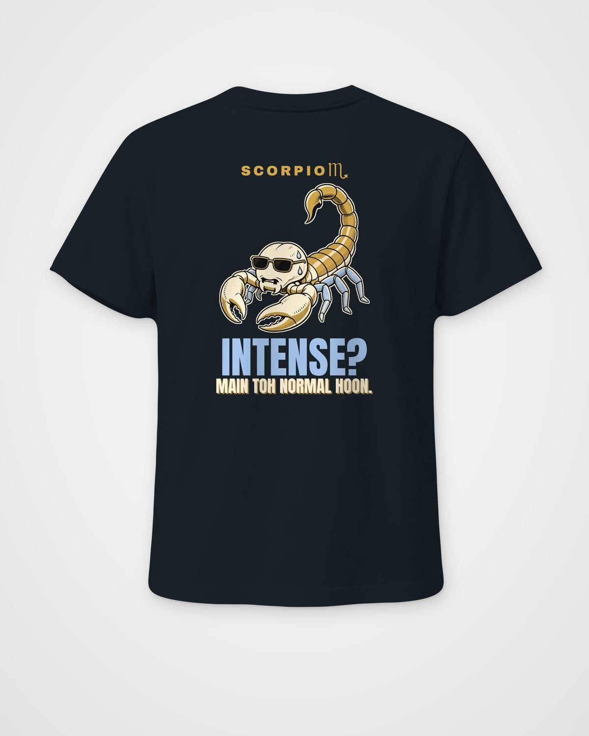 Navy regular fit t-shirt, full back view with one large Scorpio print