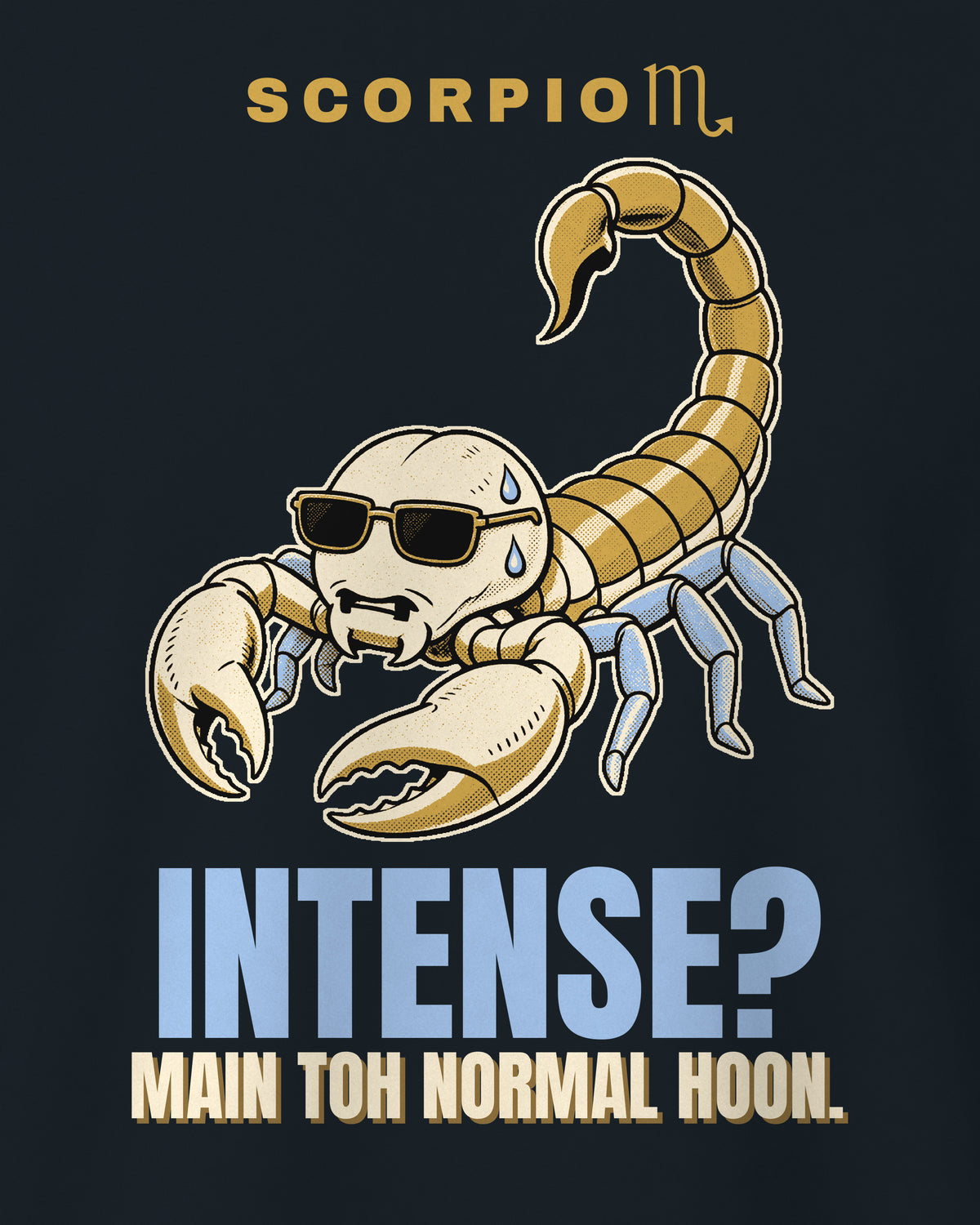 Navy regular fit t-shirt, close-up of the back print reading Intense? Main toh normal hoon.