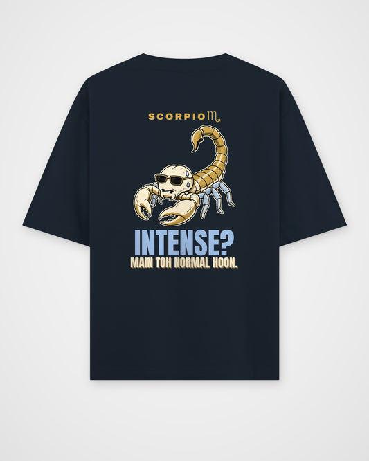 Navy oversized t-shirt, full back view with one large Scorpio print
