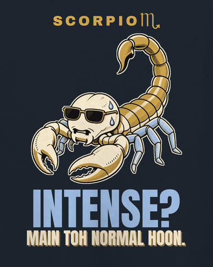 Navy oversized t-shirt, close-up of the back print reading Intense? Main toh normal hoon.