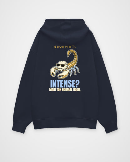 Navy oversized hoodie, full back view with one large Scorpio print