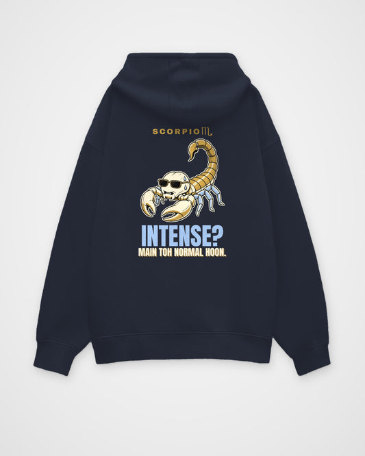Navy oversized hoodie, full back view with one large Scorpio print