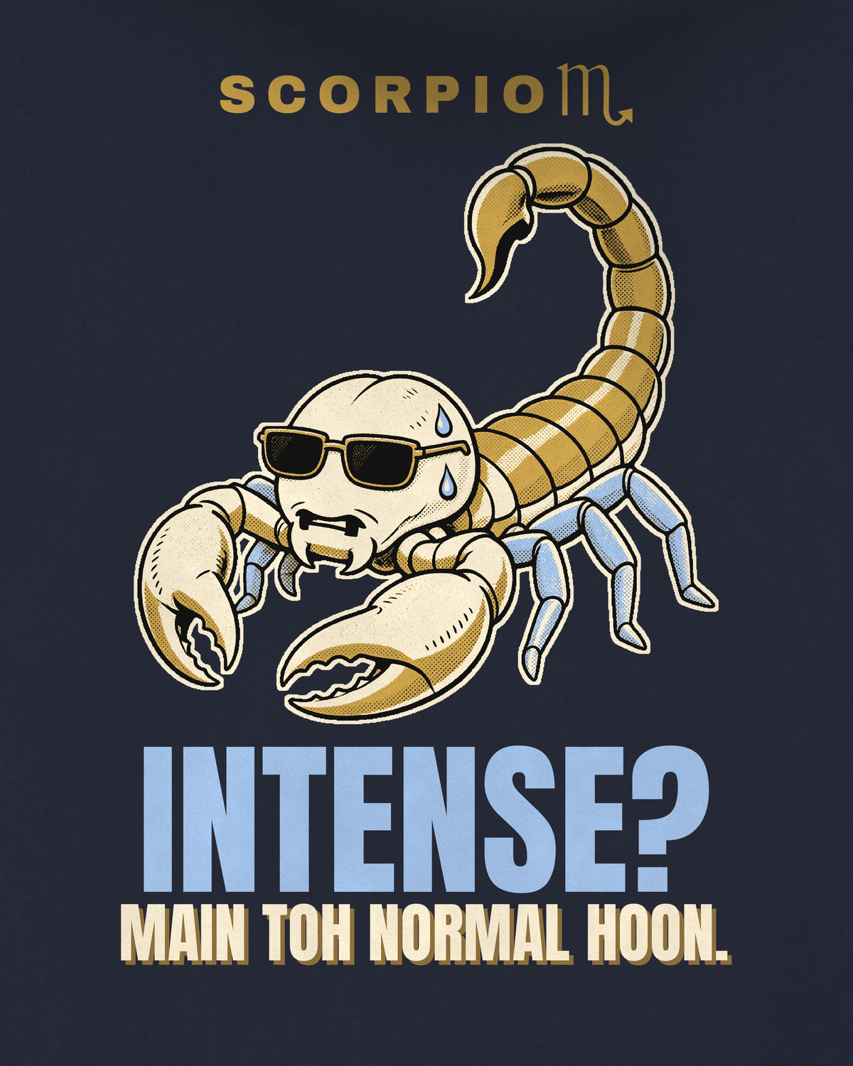 Navy oversized hoodie, close-up of the back print reading Intense? Main toh normal hoon.