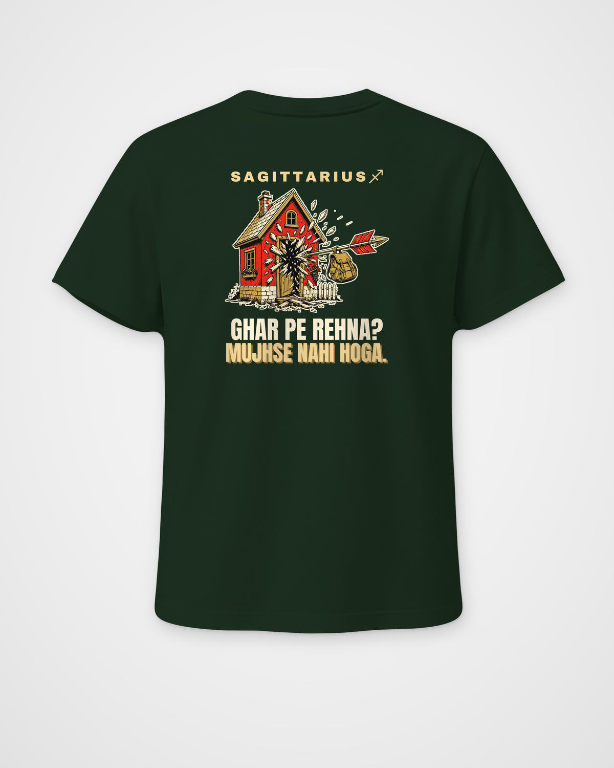 Bottle Green regular fit t-shirt, full back view with one large Sagittarius print