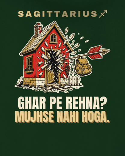 Bottle Green oversized hoodie, close-up of the back print reading Ghar pe rehna? Mujhse nahi hoga.