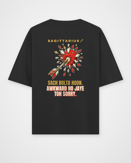 Black oversized t-shirt, full back view with one large Sagittarius print