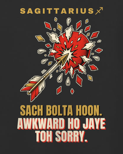 Black oversized t-shirt, close-up of the back print reading Sach bolta hoon. Awkward ho jaye toh sorry.