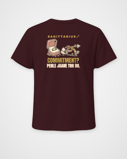Maroon regular fit t-shirt, full back view with one large Sagittarius print