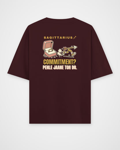 Maroon oversized t-shirt, full back view with one large Sagittarius print