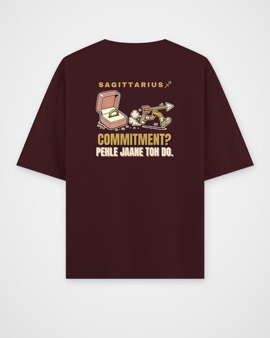 Maroon oversized t-shirt, full back view with one large Sagittarius print