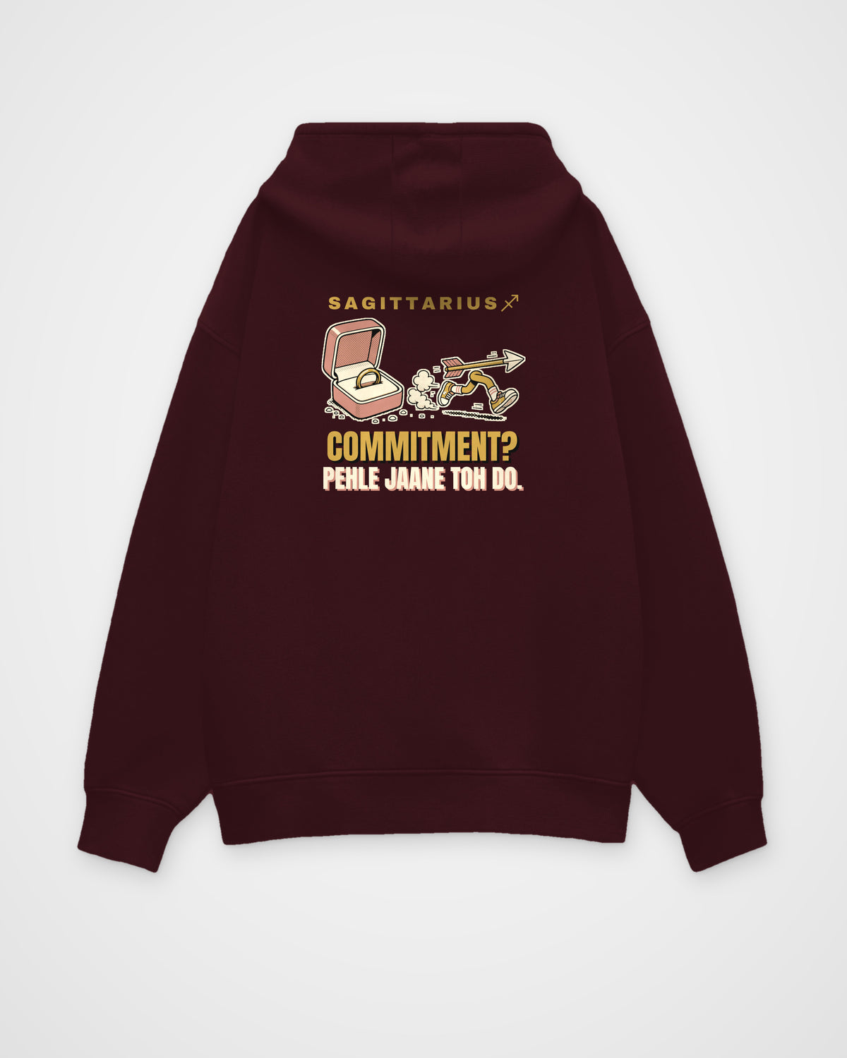 Maroon oversized hoodie, full back view with one large Sagittarius print