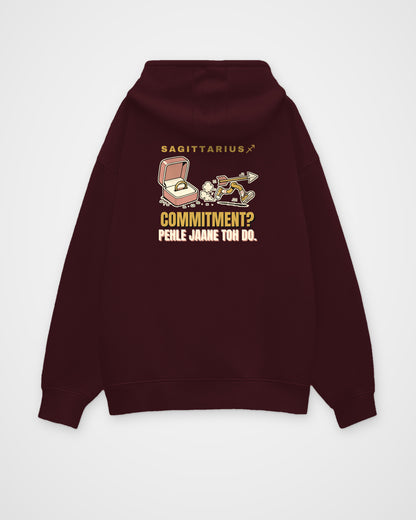 Maroon oversized hoodie, full back view with one large Sagittarius print