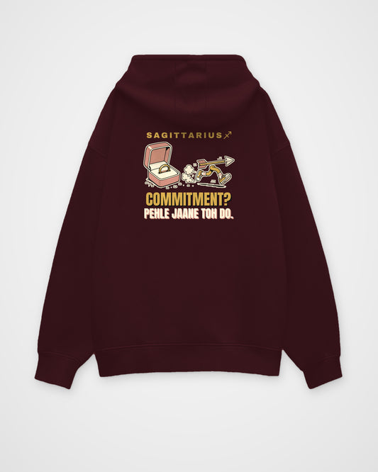 Maroon oversized hoodie, full back view with one large Sagittarius print