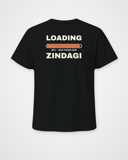 Black regular fit t-shirt, back view, huge stacked LOADING 99% type with an orange progress bar stuck at 99% – digital mockup