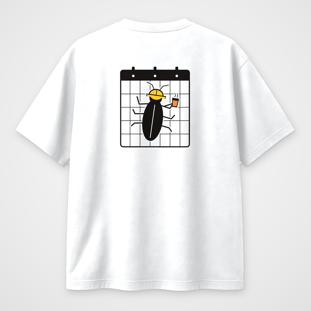 White oversized t-shirt, back view, line art of a bug in a yellow hard hat on a calendar grid