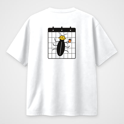 White oversized t-shirt, back view, line art of a bug in a yellow hard hat on a calendar grid