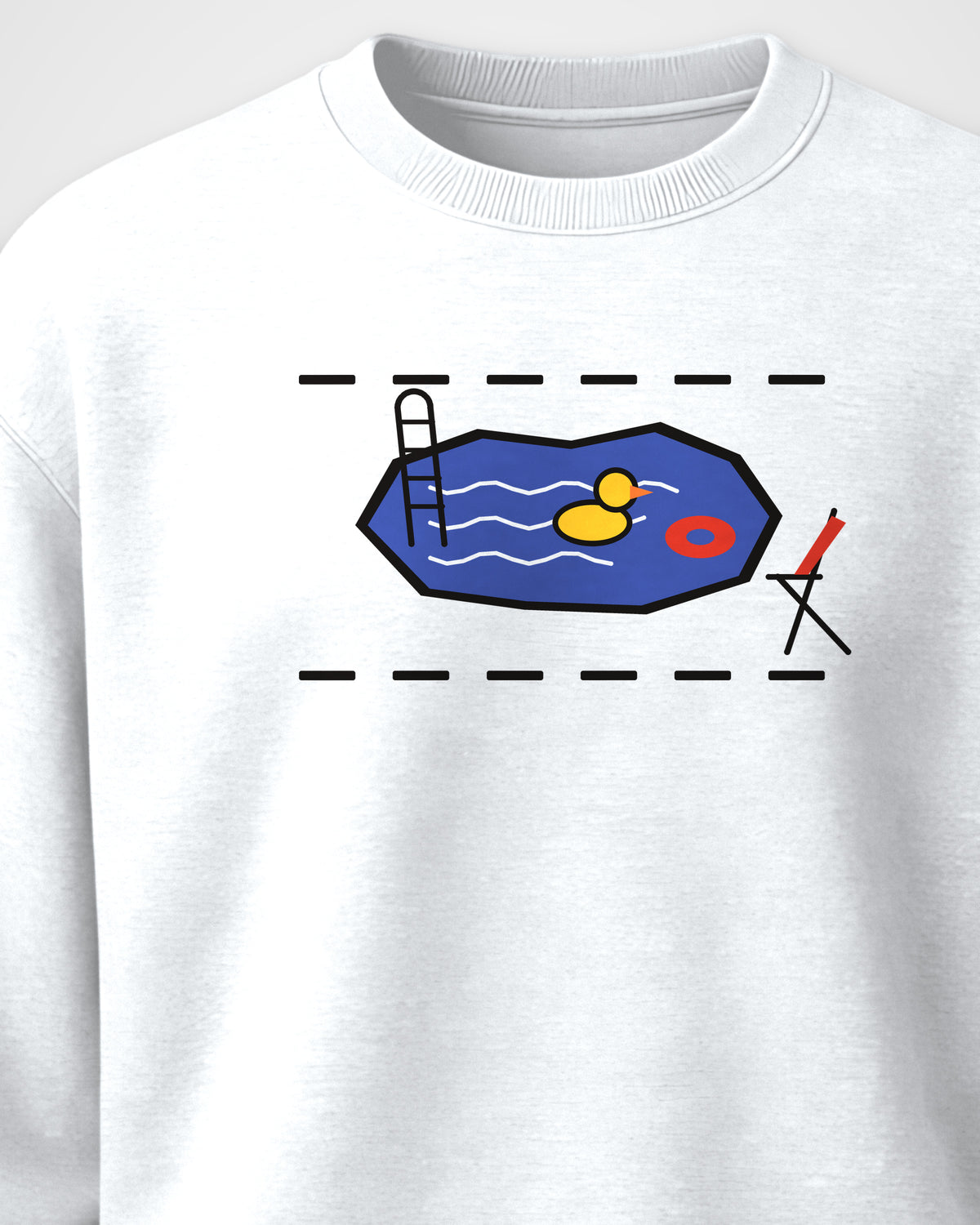 White Crewneck Sweatshirt – Pothole Pool Line Art Front Print – Unisex, detail