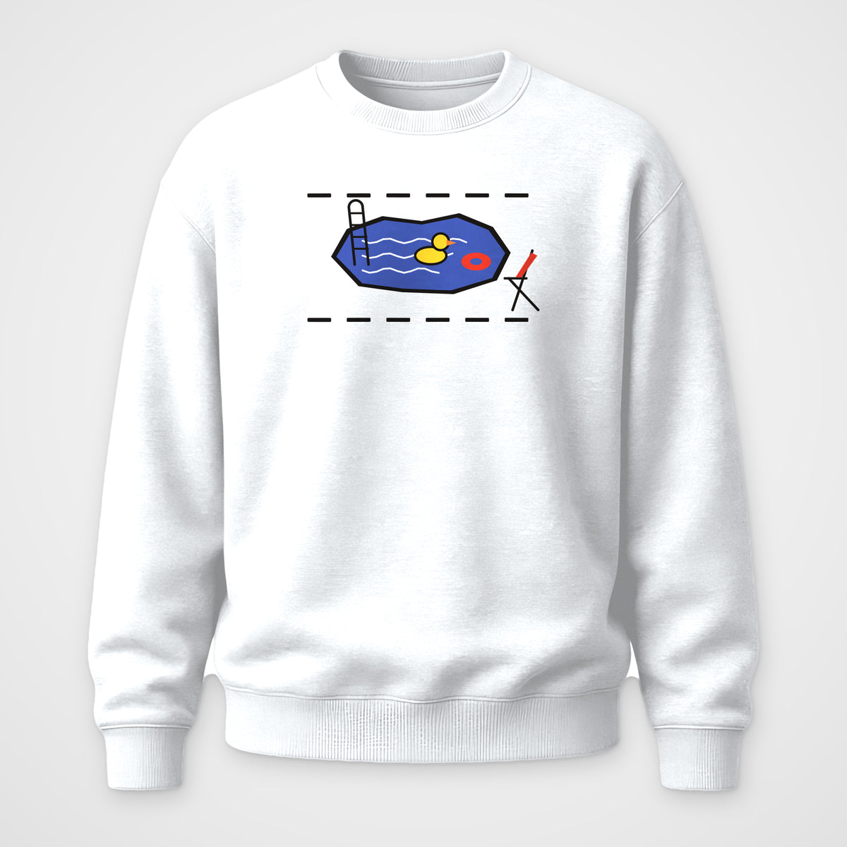 White crewneck sweatshirt, front view, line art of a pothole drawn as a pool with a duck and deck chair
