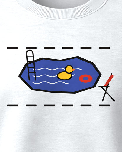 White Crewneck Sweatshirt – Pothole Pool Line Art Front Print – Unisex, close-up