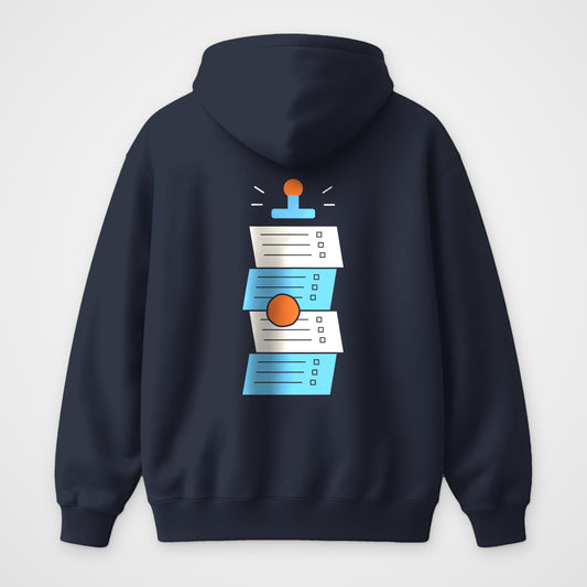 Navy blue oversized hoodie, back view, line art of a long zig-zag folded blank form with a stamp