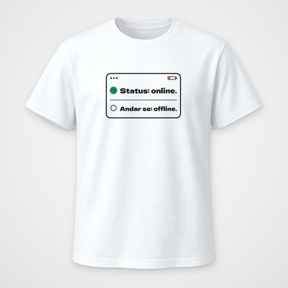 White regular fit t-shirt, front view, chat profile card graphic reading Status online Andar se offline