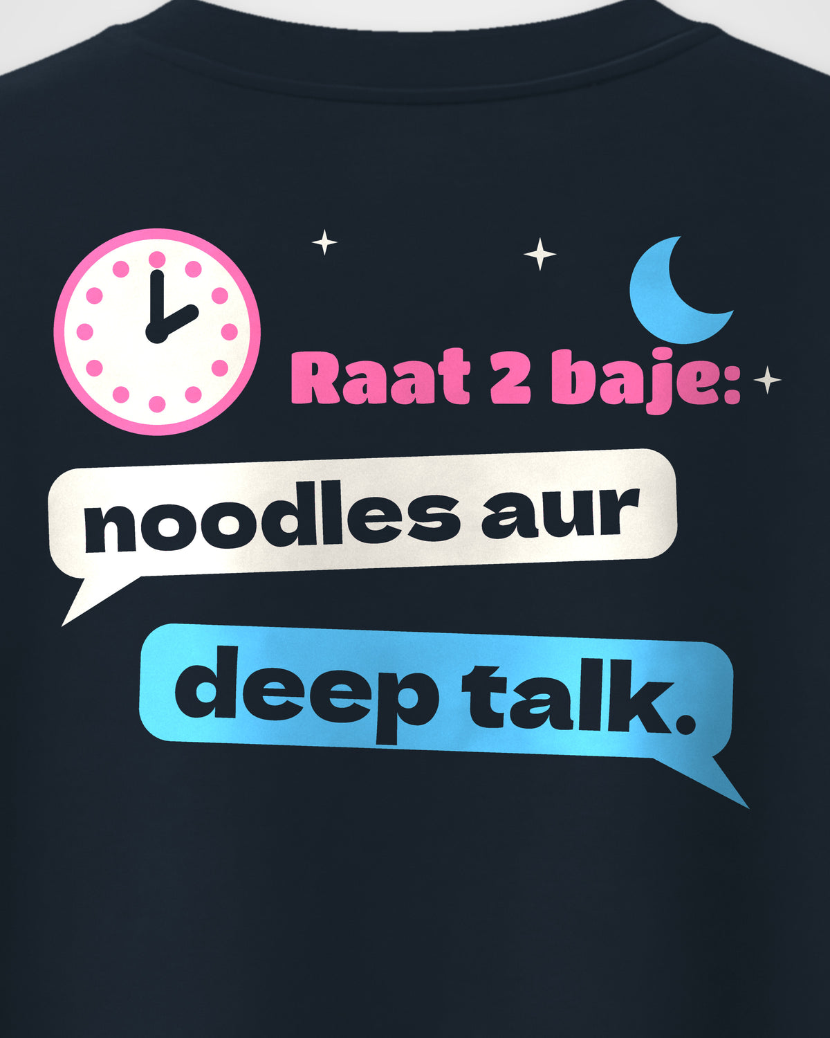 Navy Blue Oversized T-Shirt – Late Night Hostel Back Print – Unisex, close-up