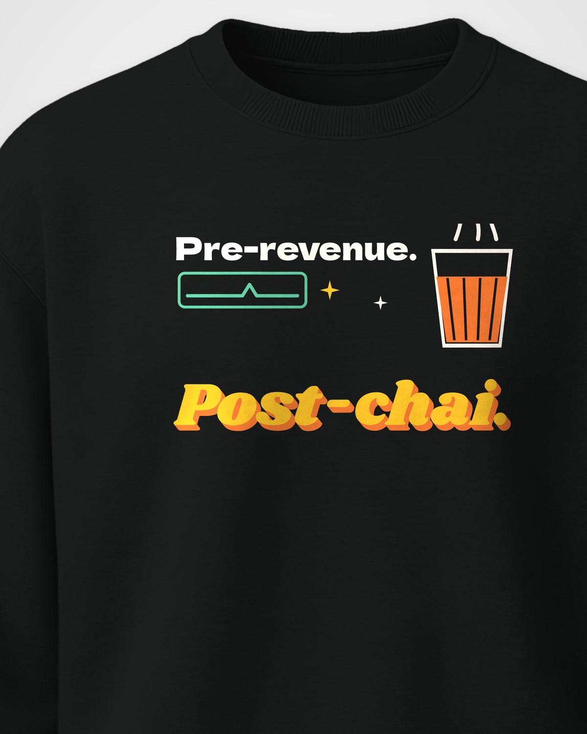 Black Crewneck Sweatshirt – Startup Chai Graphic Front Print – Unisex, detail