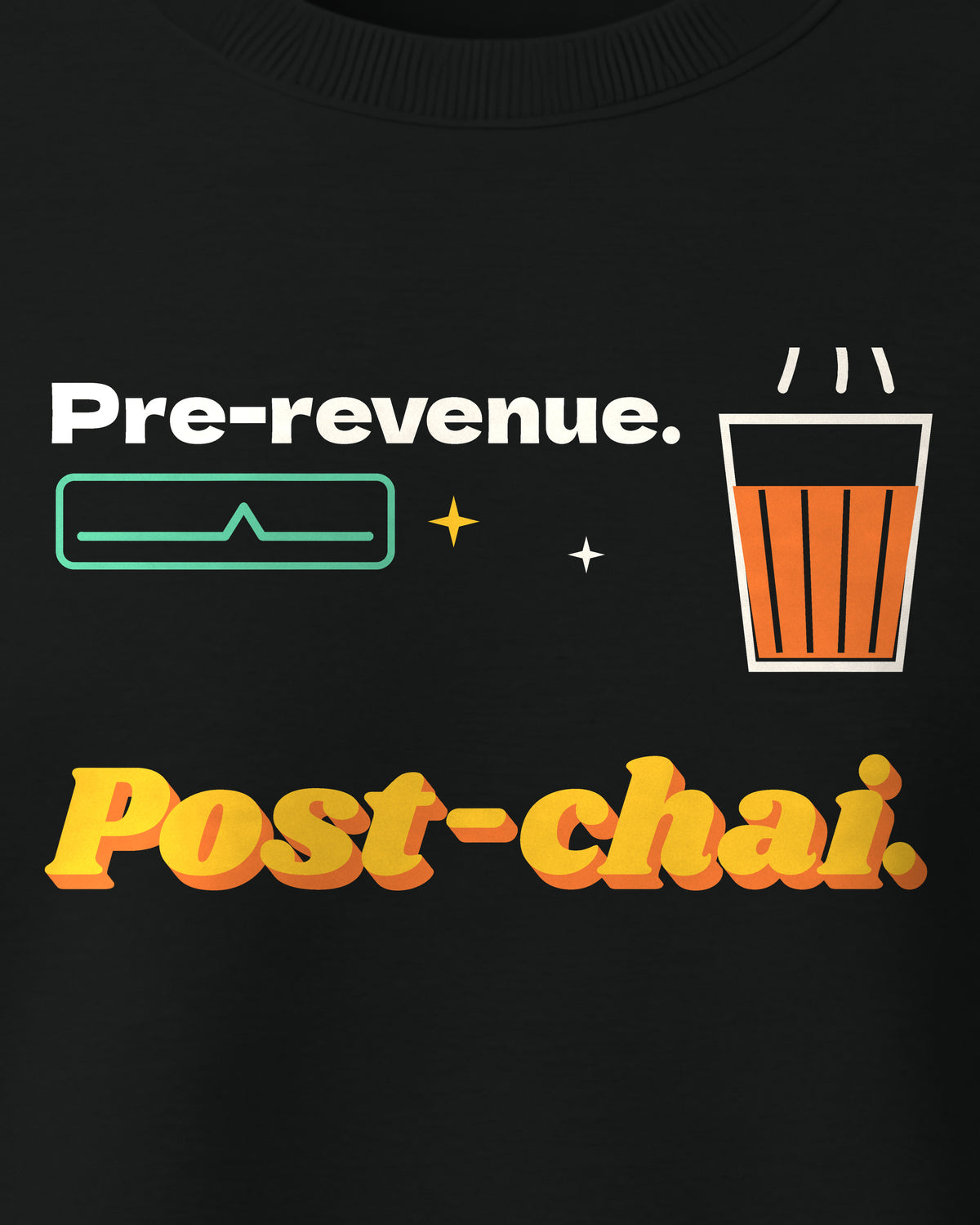 Black Crewneck Sweatshirt – Startup Chai Graphic Front Print – Unisex, close-up
