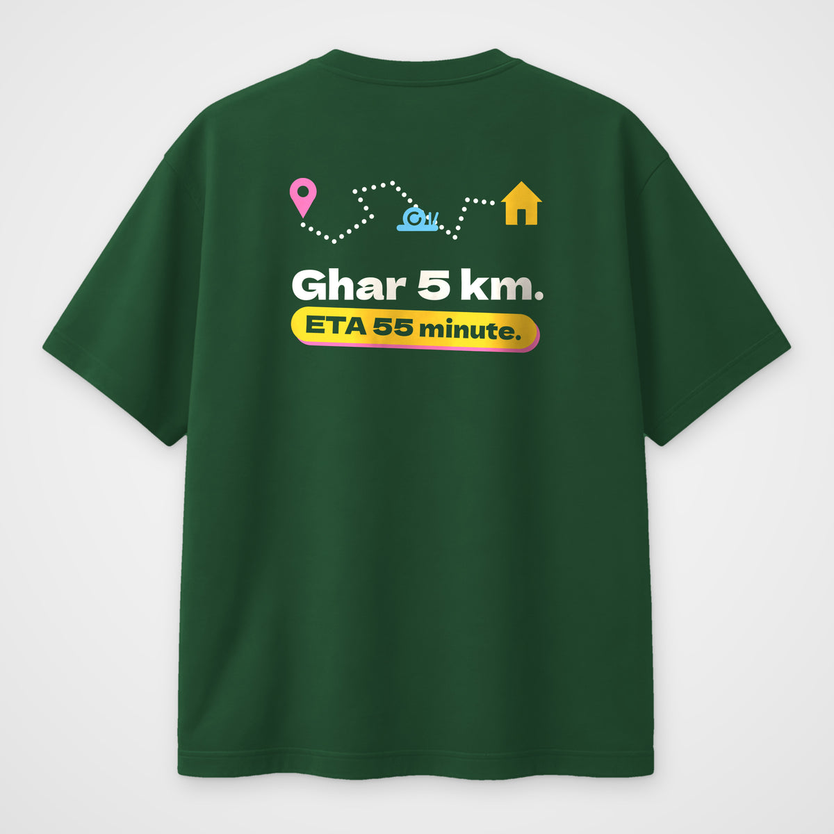 Bottle green oversized t-shirt, back view, map route print with a snail and Ghar 5 km ETA 55 minute