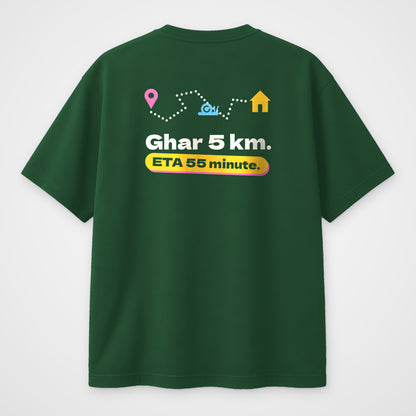 Bottle green oversized t-shirt, back view, map route print with a snail and Ghar 5 km ETA 55 minute