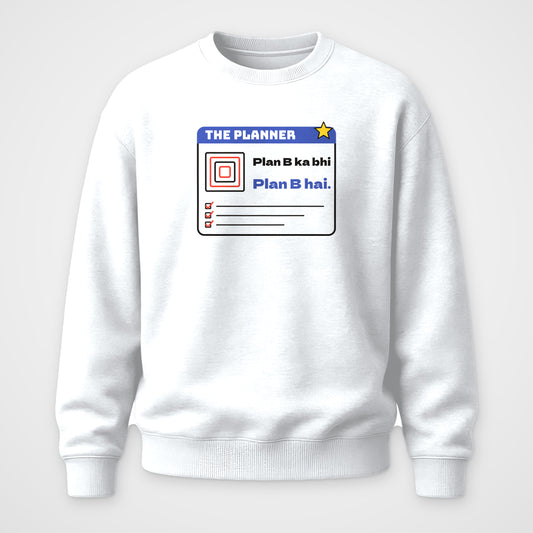 White crewneck sweatshirt, front view, trading card print titled THE PLANNER with nested plan boxes