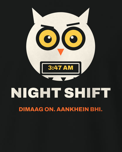 Black regular fit t-shirt, close-up of the Night Shift Owl back print – digital mockup