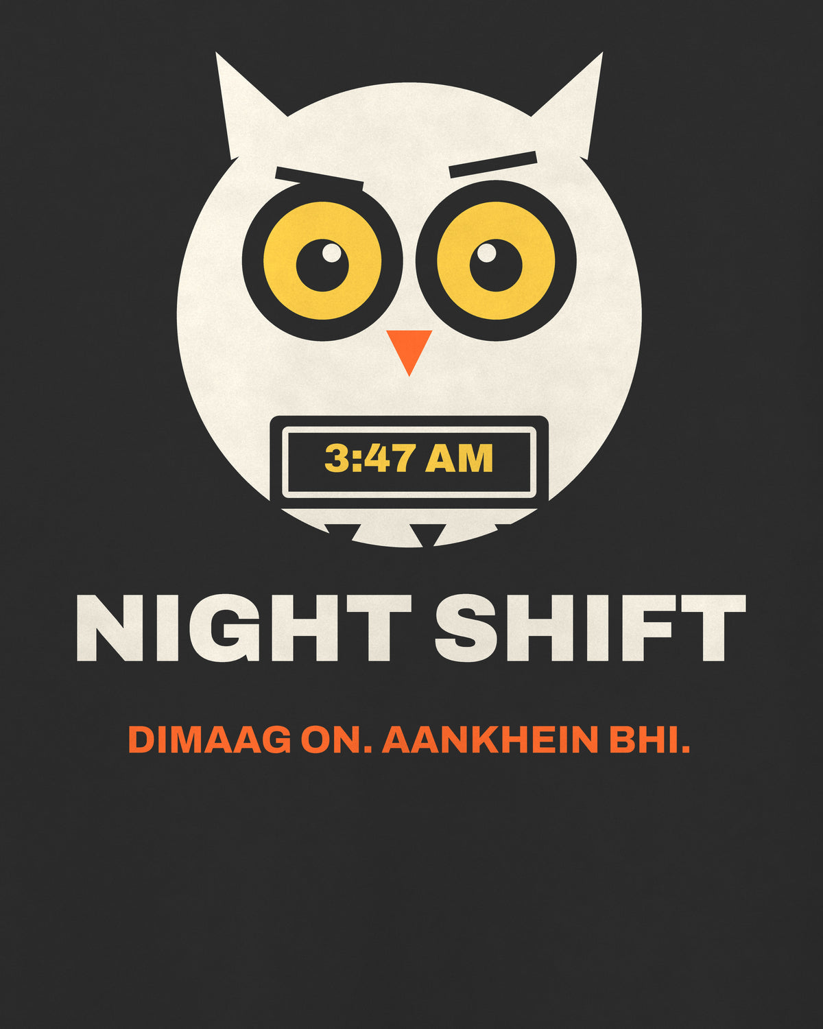 Black oversized t-shirt, close-up of the Night Shift Owl back print – digital mockup