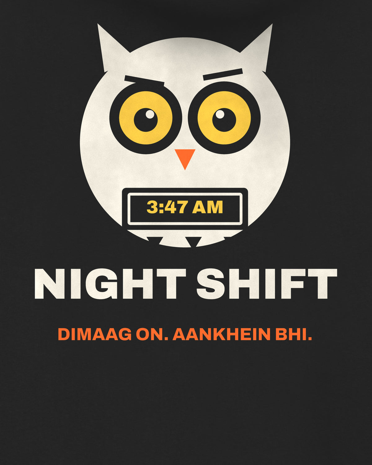 Black oversized hoodie, close-up of the Night Shift Owl back print – digital mockup