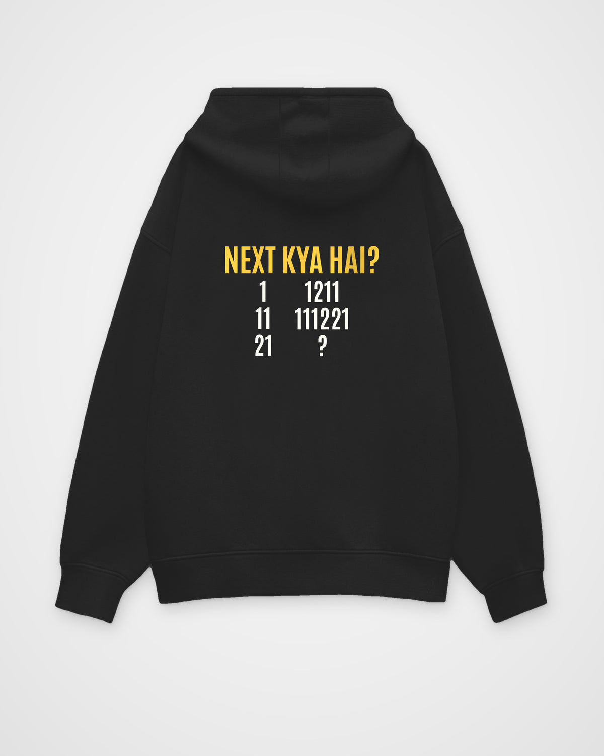 Black oversized hoodie, back view with one large puzzle print