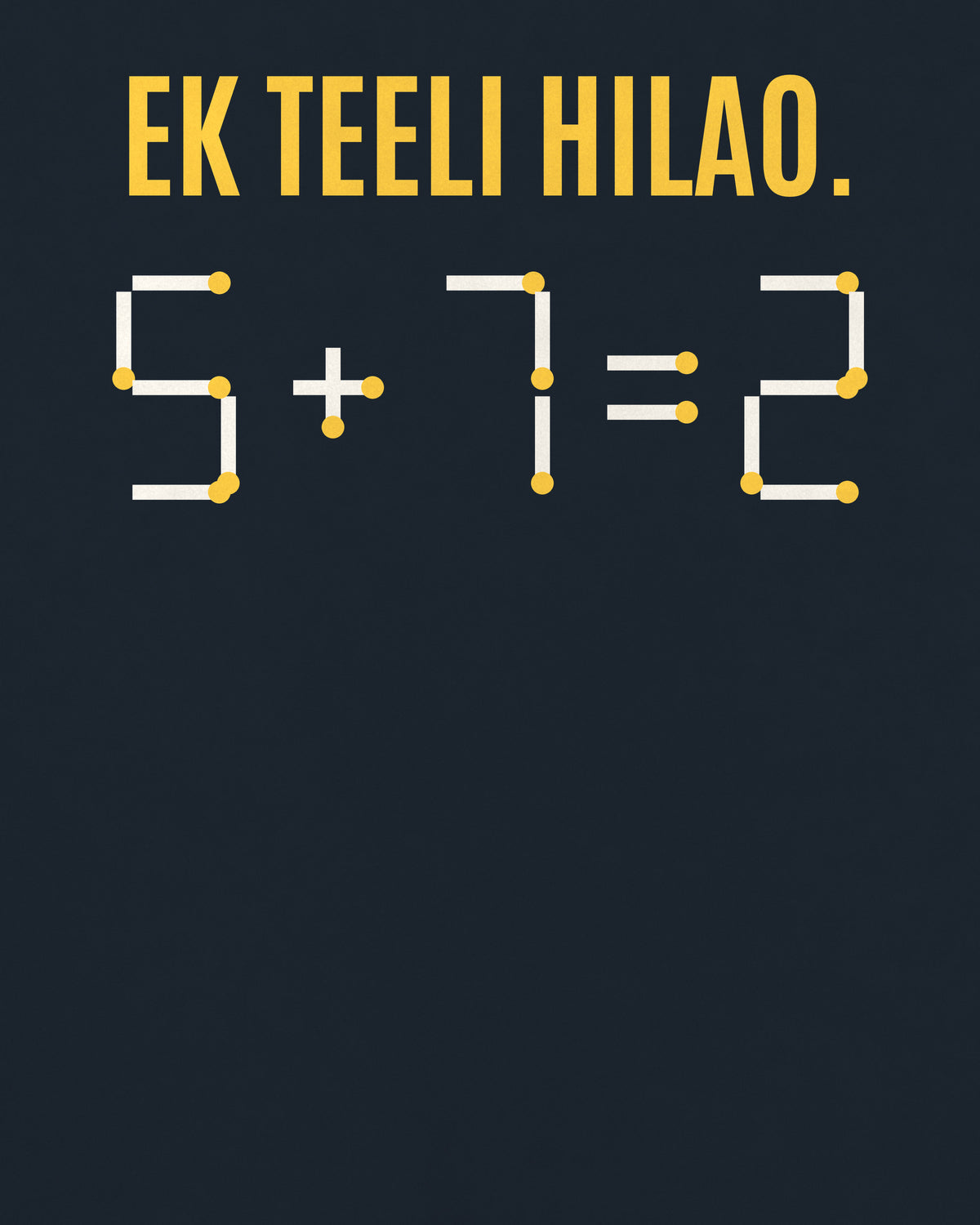 Navy Blue oversized t-shirt, close-up of the back puzzle print: Ek teeli hilao: 5 + 7 = 2