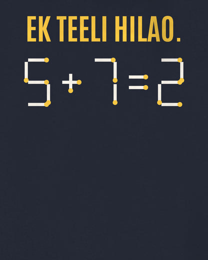 Navy Blue oversized hoodie, close-up of the back puzzle print: Ek teeli hilao: 5 + 7 = 2