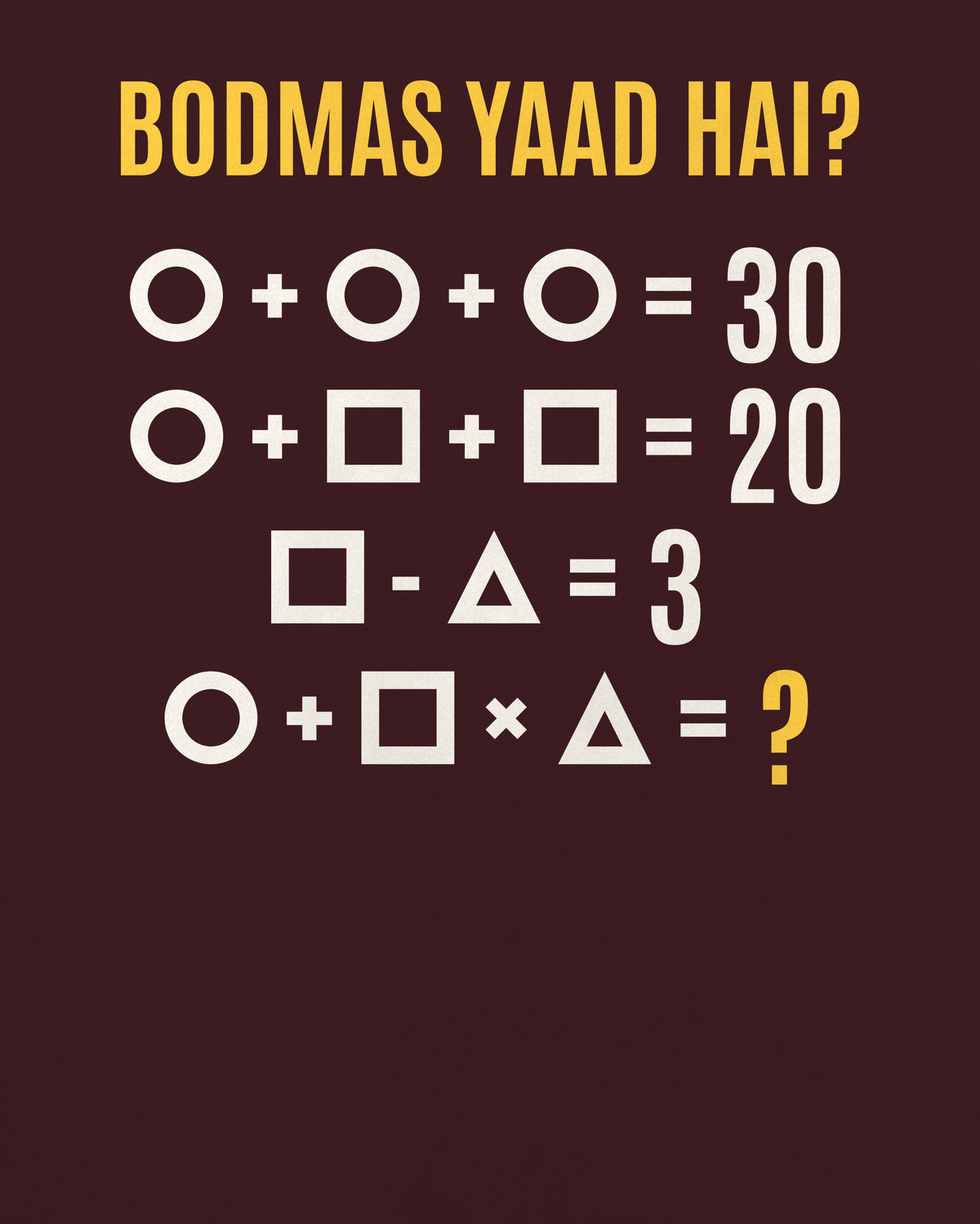Maroon oversized t-shirt, close-up of the back puzzle print: BODMAS yaad hai? Circles, squares, triangles, one final line.