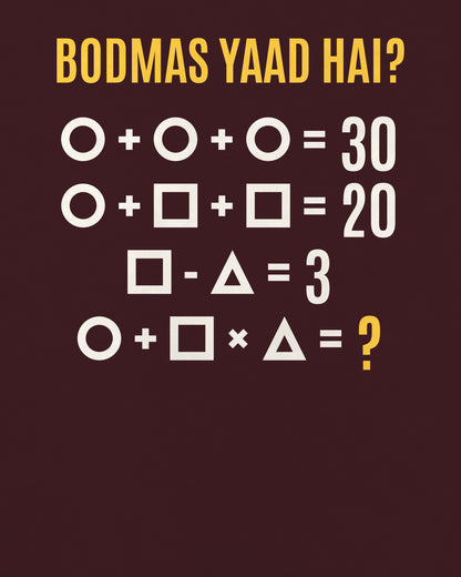 Maroon oversized t-shirt, close-up of the back puzzle print: BODMAS yaad hai? Circles, squares, triangles, one final line.