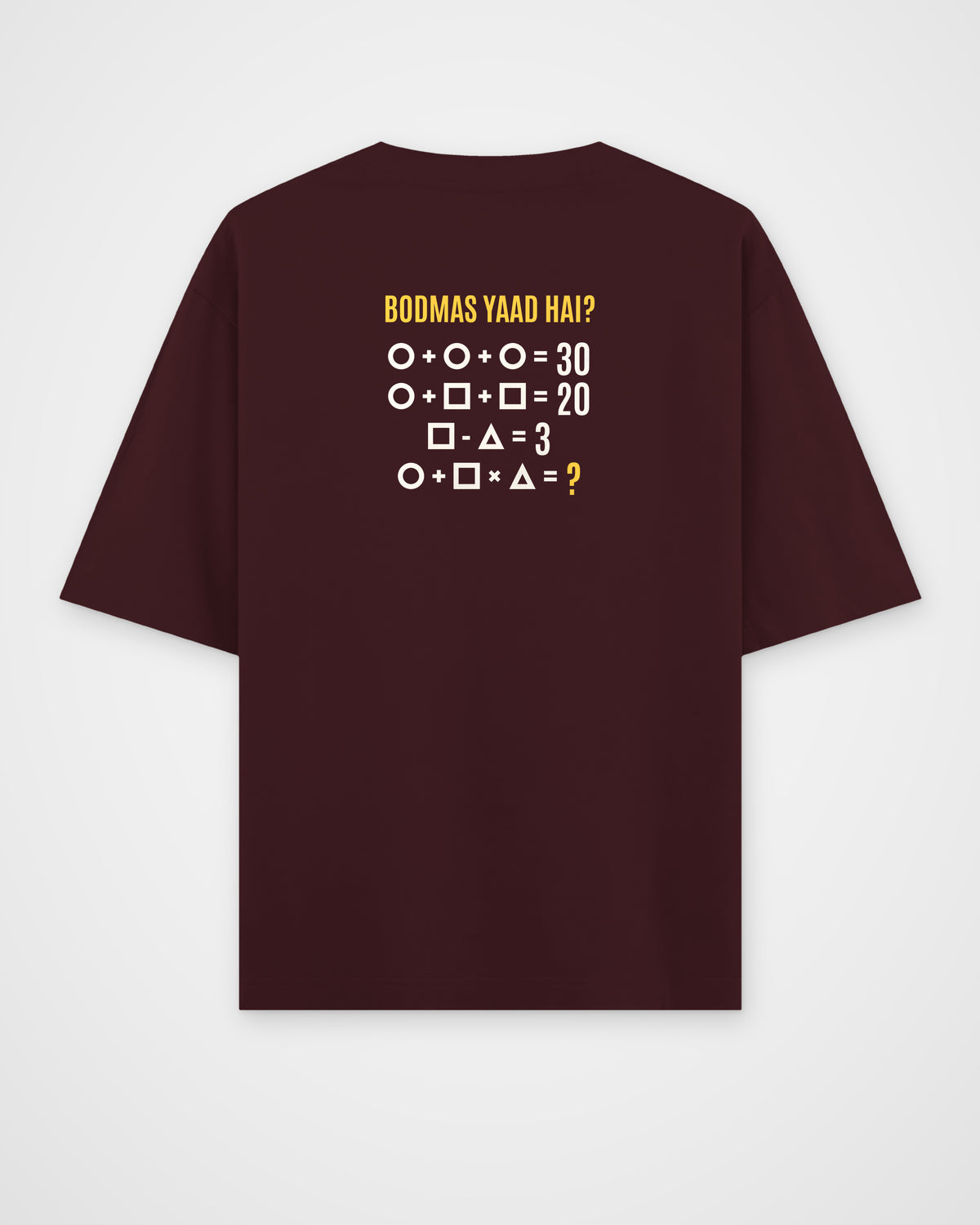 Maroon oversized t-shirt, back view with one large puzzle print