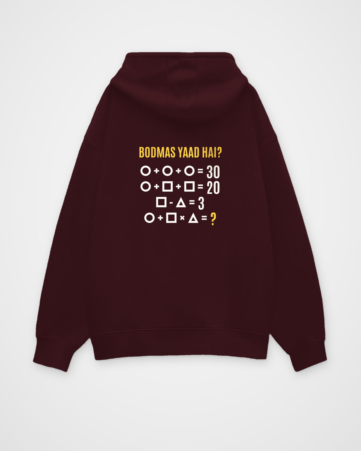 Maroon oversized hoodie, back view with one large puzzle print