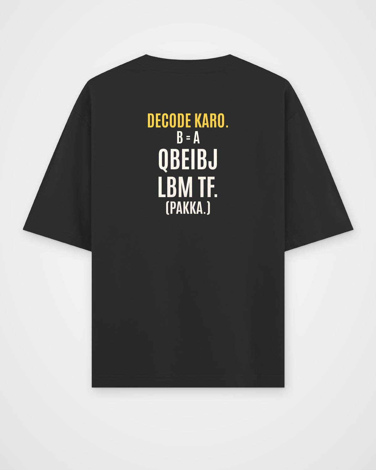 Black oversized t-shirt, back view with one large puzzle print