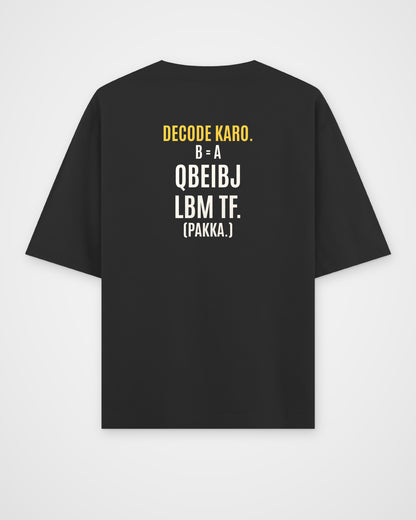 Black oversized t-shirt, back view with one large puzzle print