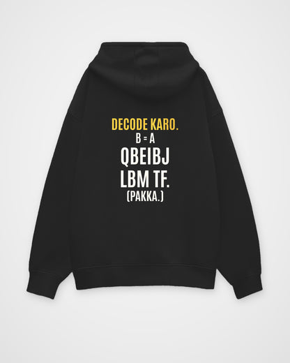 Black oversized hoodie, back view with one large puzzle print