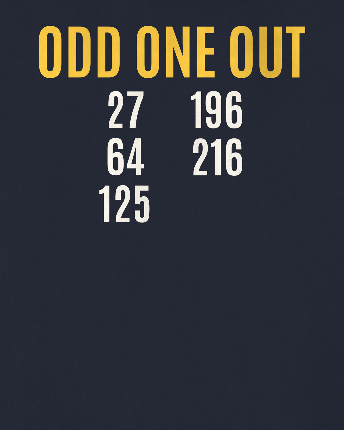 Navy Blue oversized hoodie, close-up of the back puzzle print: Odd one out: 27, 64, 125, 196, 216