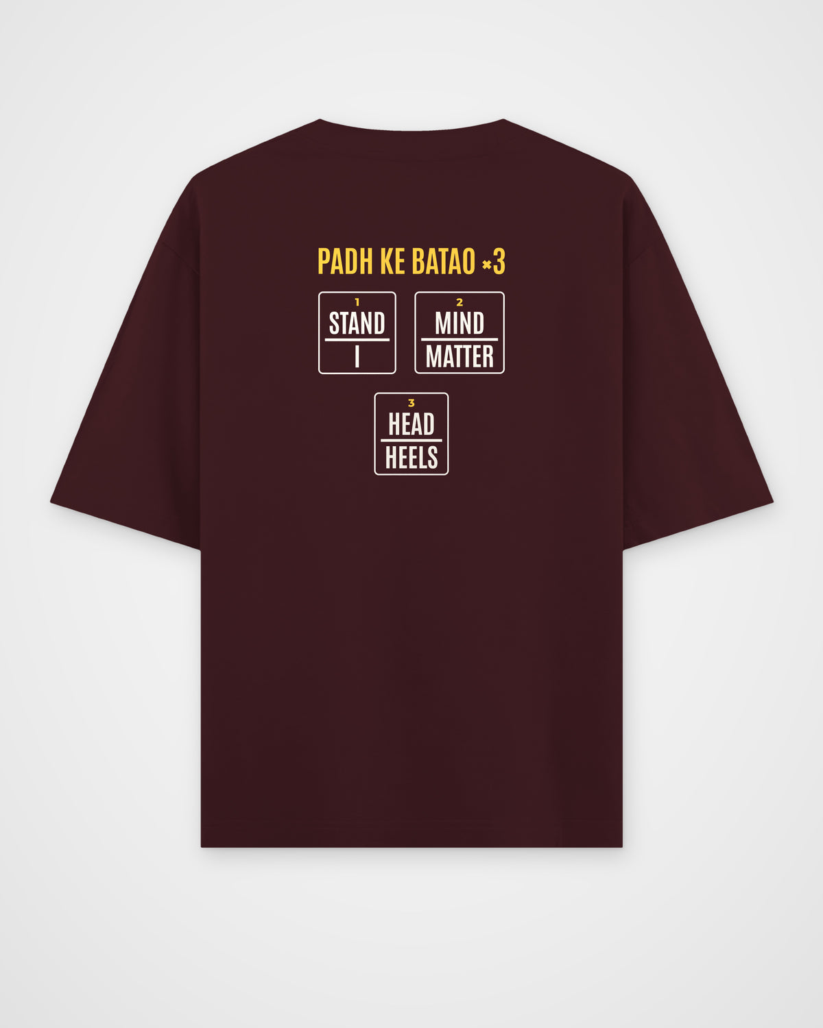 Maroon oversized t-shirt, back view with one large puzzle print