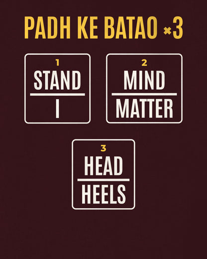 Maroon oversized hoodie, close-up of the back puzzle print: Padh ke batao ×3: three word-picture puzzles
