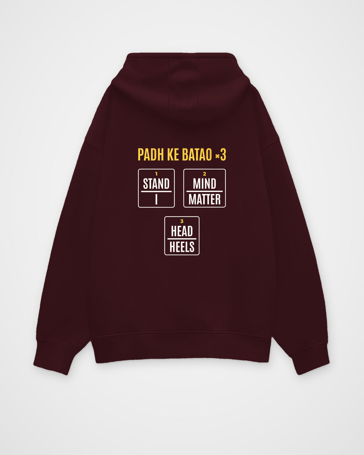 Maroon oversized hoodie, back view with one large puzzle print